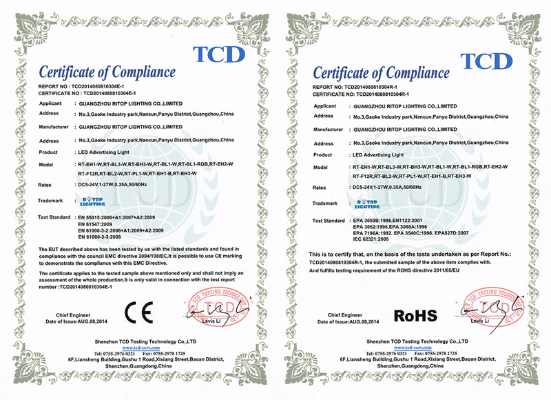 CE RoHS of LED advertising light